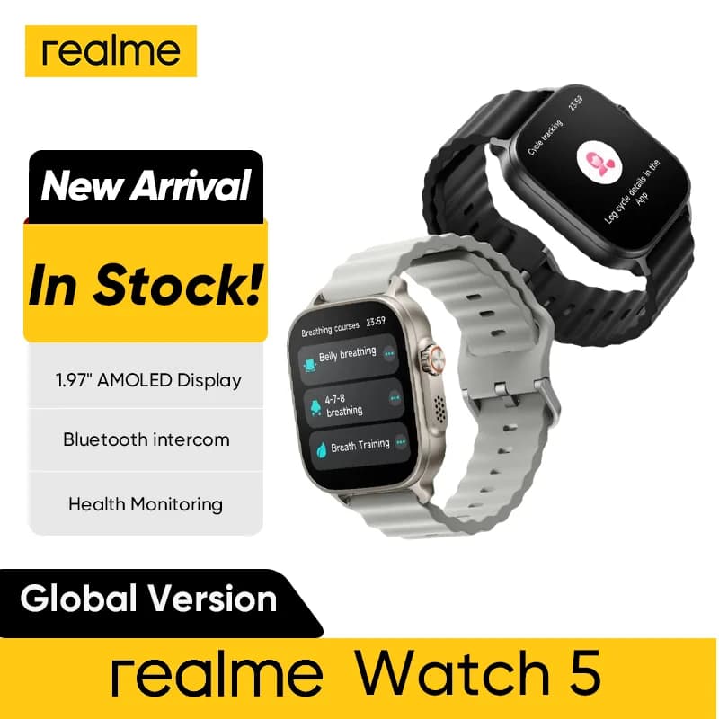 ساعة realme Watch 5 الذكية الإصدار العالمي شاشة 1.97 بوصة AMOLED مراقبة الرياضة والصحة عمر بطارية 14 يوم IP68 بلوتوث 5.3