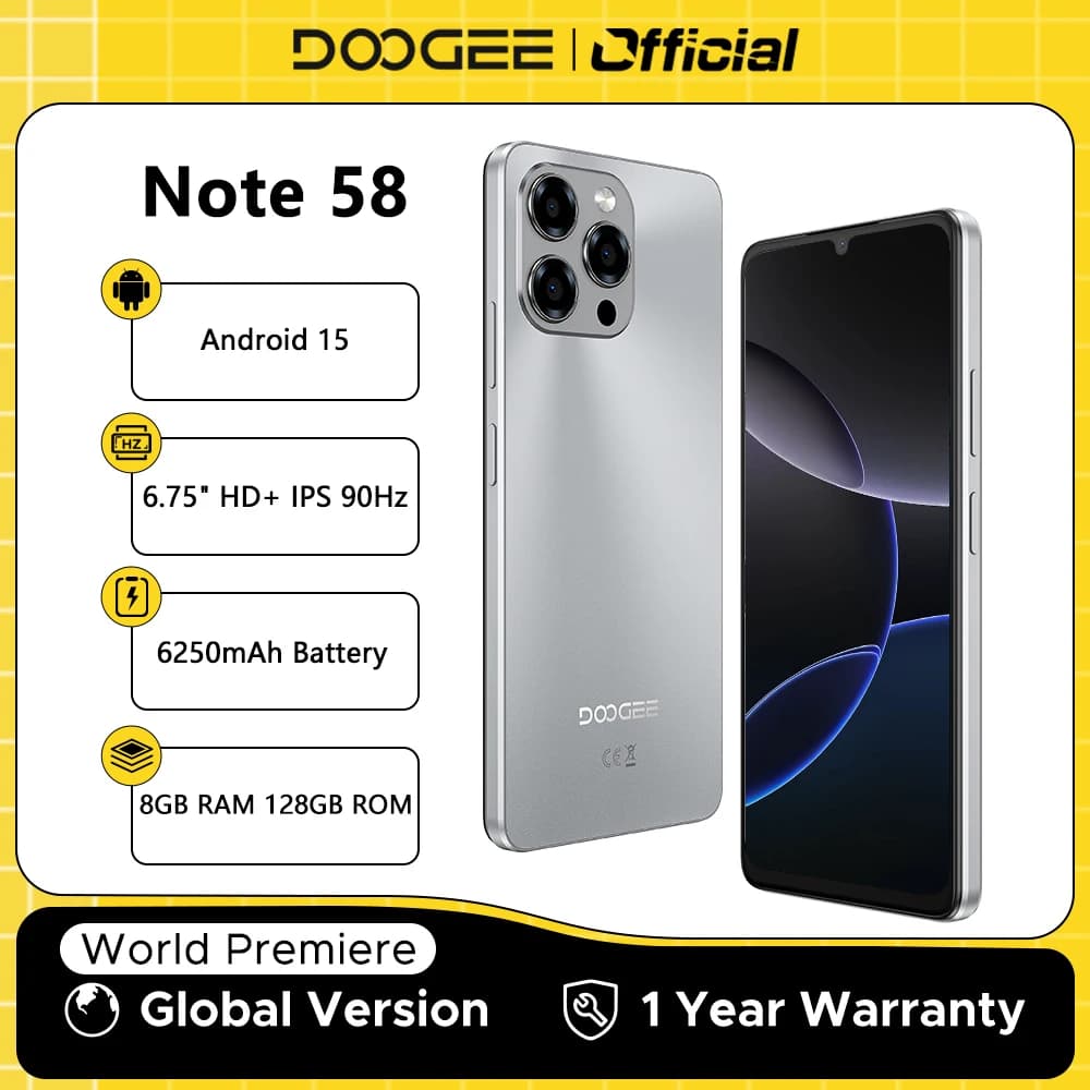 نسخة عالمية DOOGEE Note 58 ذاكرة وصول عشوائي 8 جيجابايت ذاكرة قراءة فقط 128 جيجابايت شاشة 6.75 بوصة HD+ معدل تحديث 90 هرتز IPS بطارية كبيرة 6250 مللي أمبير في الساعة NFC أندرويد 15 هاتف ذكي