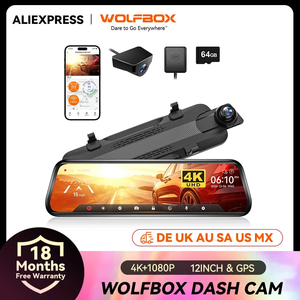 كاميرا لوحة قيادة WOLFBOX G930 بشاشة 10 بوصة وواي فاي، مسجل فيديو عالي الدقة 4K، كاميرا مرآة بزاوية رؤية 140 درجة، مسجل فيديو بشاشة لمس مع عرض وقوف السيارات لمدة 24 ساعة