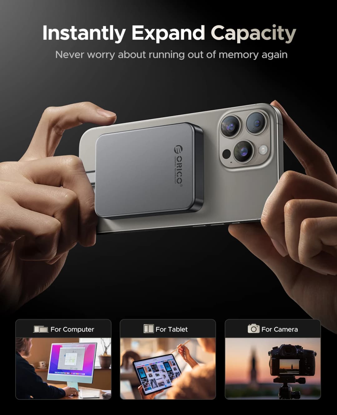 ORICO SSD محمول مغناطيسي 4K بسرعة 120 إطارًا في الثانية ProRes HDR للتسجيل والتخزين، بسرعة تصل إلى 460 ميجابايت/ثانية لهاتف iPhone 15 16 Pro Max - 5