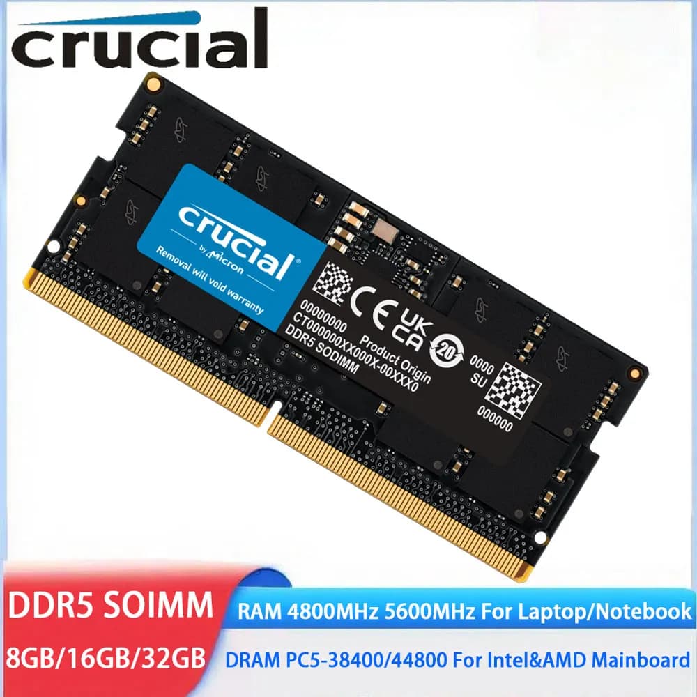 ذاكرة كروتيال DDR5 للابتوب، سعة 8 جيجابايت/16 جيجابايت/32 جيجابايت، تردد 4800-5600 ميجاهرتز، SODIMM، 1.1V، 262Pin، PC5-44800/38400، متوافقة مع إنتل وAMD