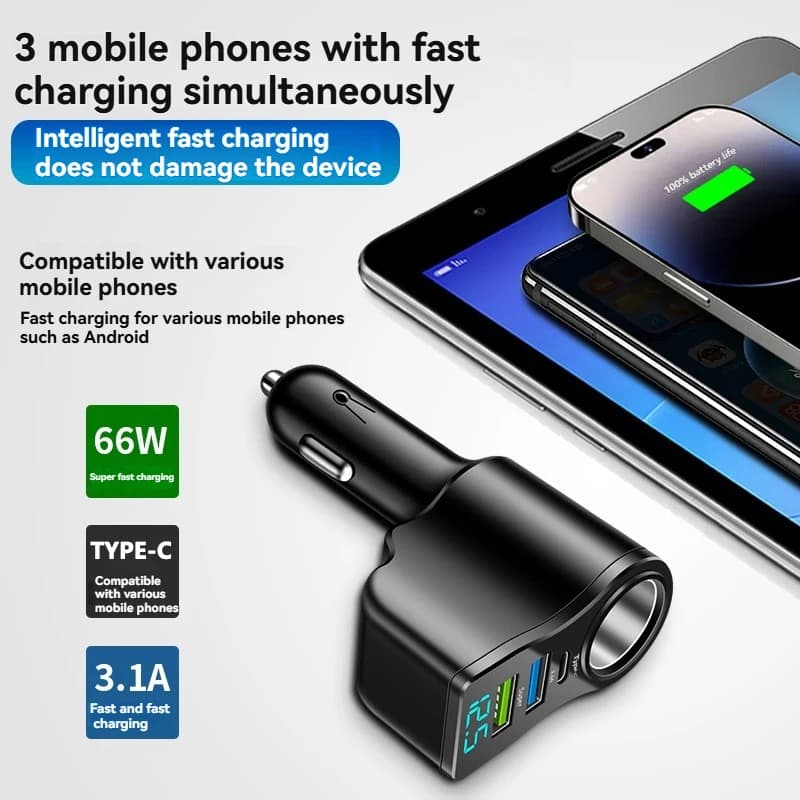 شاحن سيارة جديد بشاشة رقمية، شحن سريع، شاحن سيارة مزدوج USB، ولاعة سجائر من واحدة إلى ثلاث، شاحن سيارة متعدد الوظائف 66 واط - 3