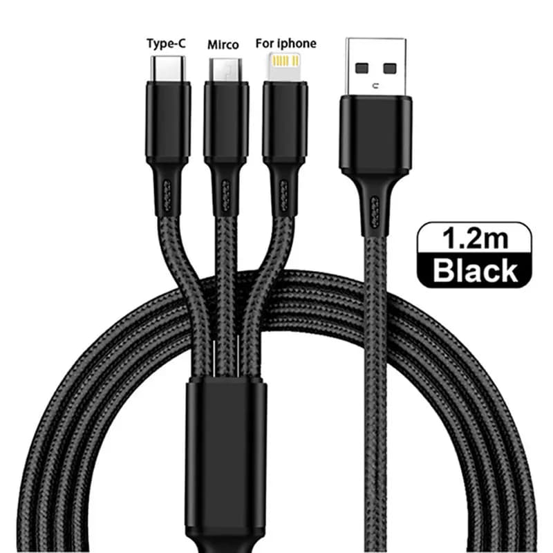 كابل شحن 3 في 1 متعدد المنافذ USB سلك شحن نوع C مايكرو شاحن الهاتف المحمول لآيفون 14 13 12 شاومي