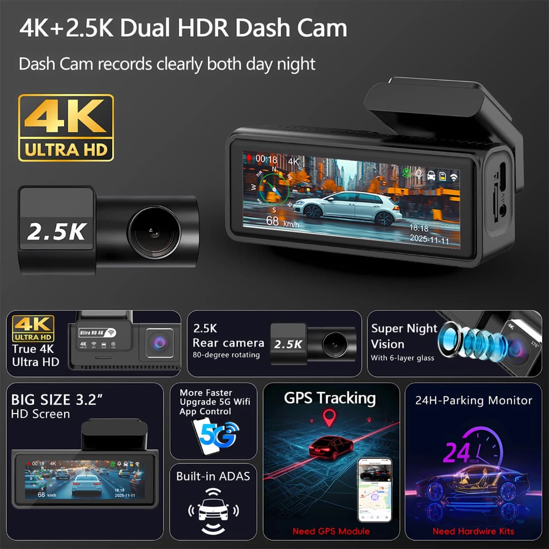 كاميرا ADAS للسيارة بدقة 4K+2.5K مع نظام تحديد المواقع العالمي (GPS) وواي فاي ورؤية ليلية 24 ساعة وعدسة خلفية اختيارية ومسجل فيديو للسيارة (DVR) وكاميرا تسجيل فيديو لصندوق السيارة الأسود - 2