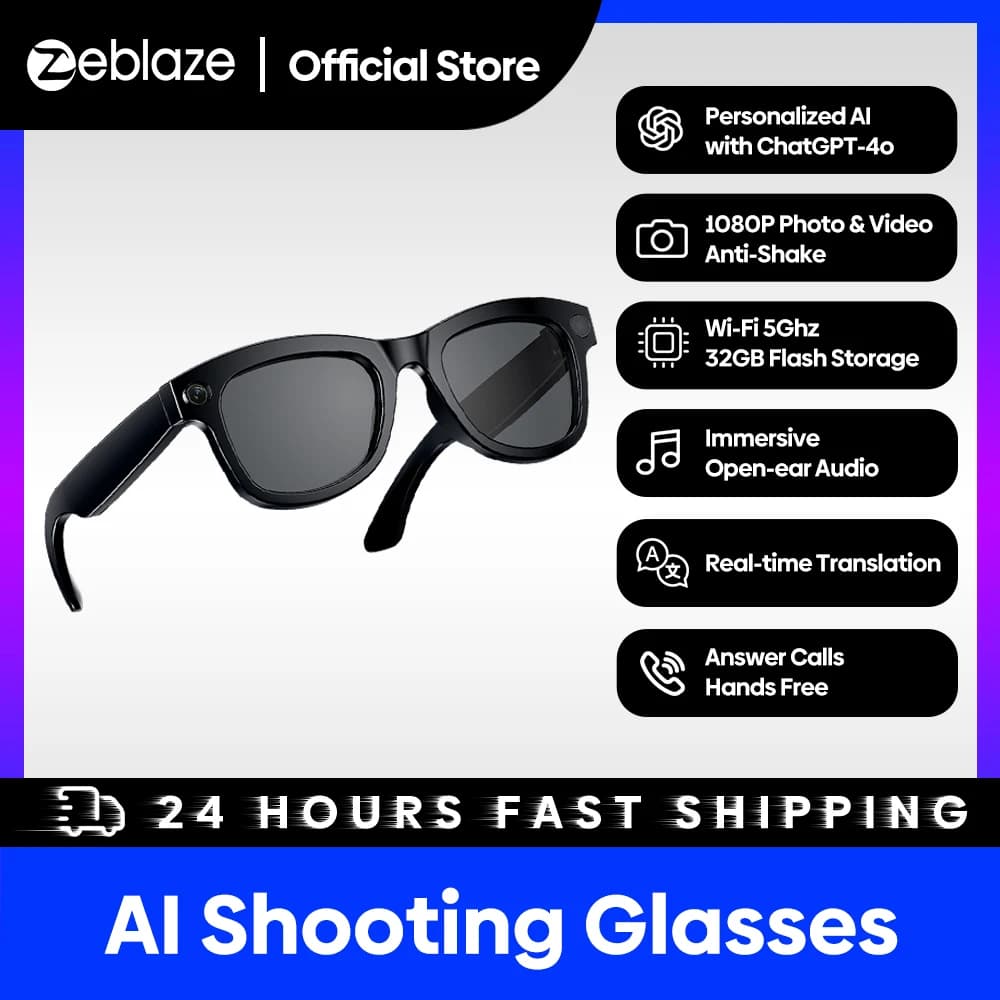 نظارات تصوير Zeblaze AI بدقةرة وضوء عالية الدقة صورة ومقطع فيديو صوت مفتوح للأذن ذكاء اصطناعي مع ChatGPT-4o واي فاي 5 جيجاهرتز سعة تخزين 32 جيجابايت