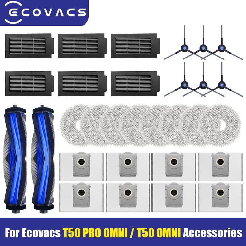 قطع غيار مكنسة روبوتية ECOVACS T50 PRO OMNI / T50 OMNI، فرش جانبية رئيسية، مناديل تنظيف، فلاتر HEPA، أكياس غبار