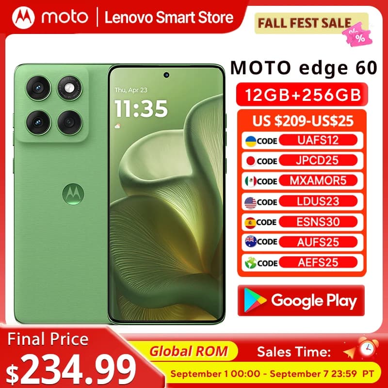 هاتف موتورولا MOTO edge 60 الأصلي، 5G، روم عالمي، شاشة pOLED 6.7 بوصة بدقة 1.5K ومعدل تحديث 120 هرتز، مقاوم للماء والغبار IP68، معالج MediaTek Dimensity 7400