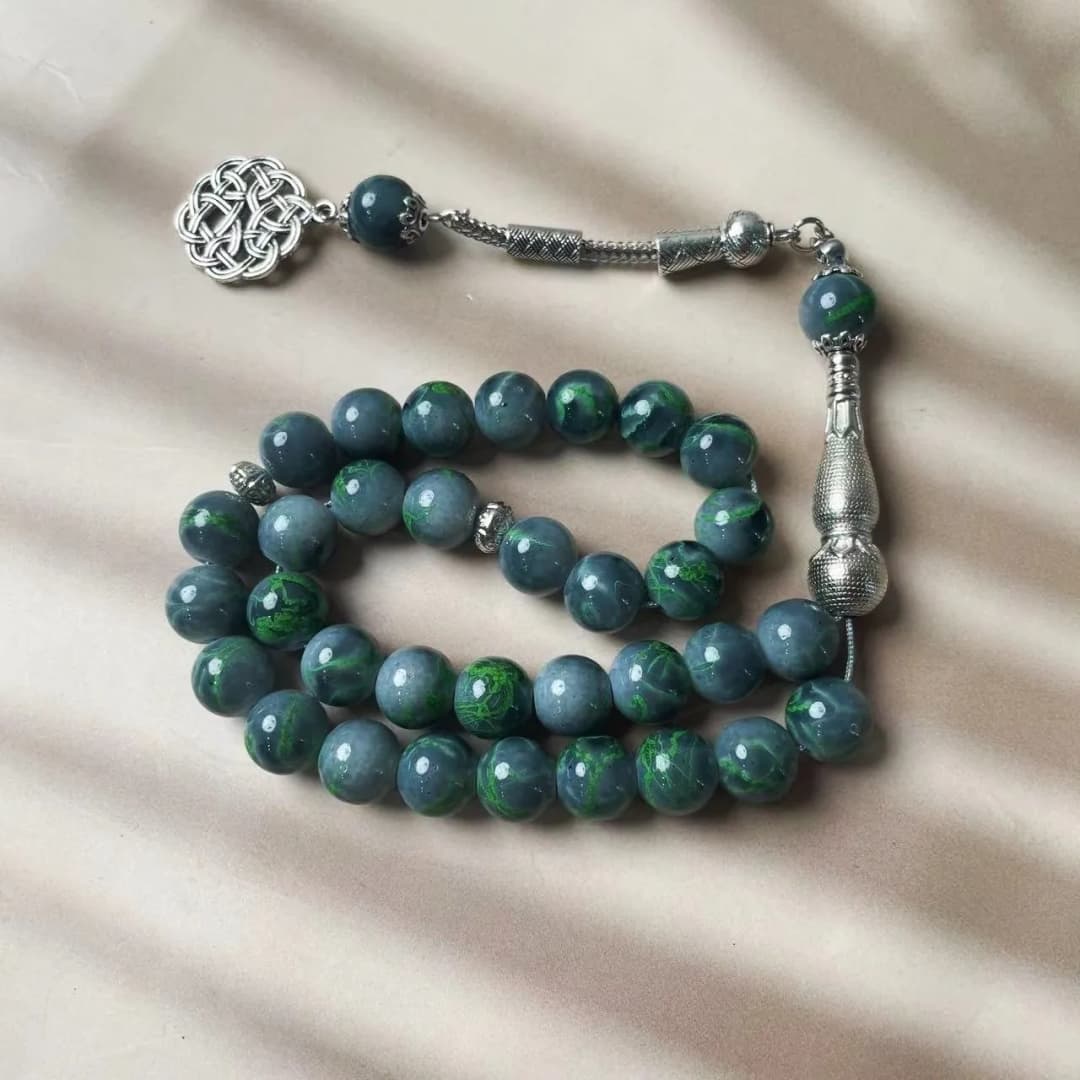 Green Veined Stone Islamic Prayer Beads Tesbih, Silver Celtic Knot Arabic Muslim Worship Rosary, Middle Eastern Jewelry Gift - 3