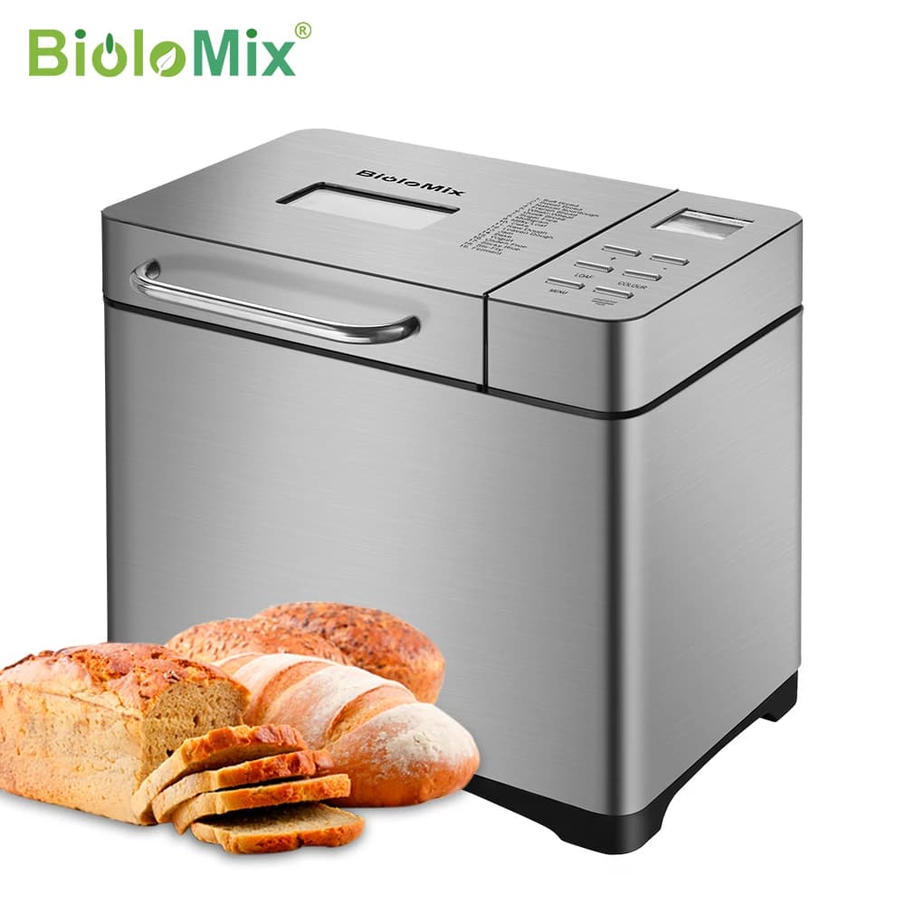 صانعة خبز أوتوماتيكية من Biolomix من الفولاذ المقاوم للصدأ، 1 كجم، 19 في 1، 650 واط، آلة خبز قابلة للبرمجة مع 3 أحجام أرغفة وموزع فاكهة ومكسرات