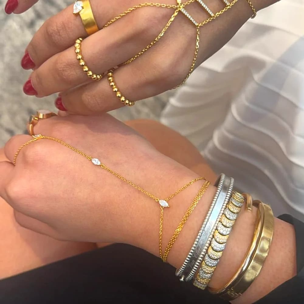 High Quality Long Tassel With Slippy Bar Bling Round Oval Triangle CZ Setting Women Unique Bracelet Wrap One's Finger Jewelry - 3