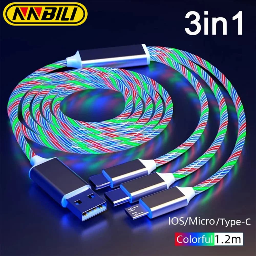 كابل NNBILI مضيء بإضاءة LED يو إس بي 3 في 1 كابل شحن سريع للهاتف كابل نوع C مضيء لإكسسوارات هواتف شاومي وآيفون