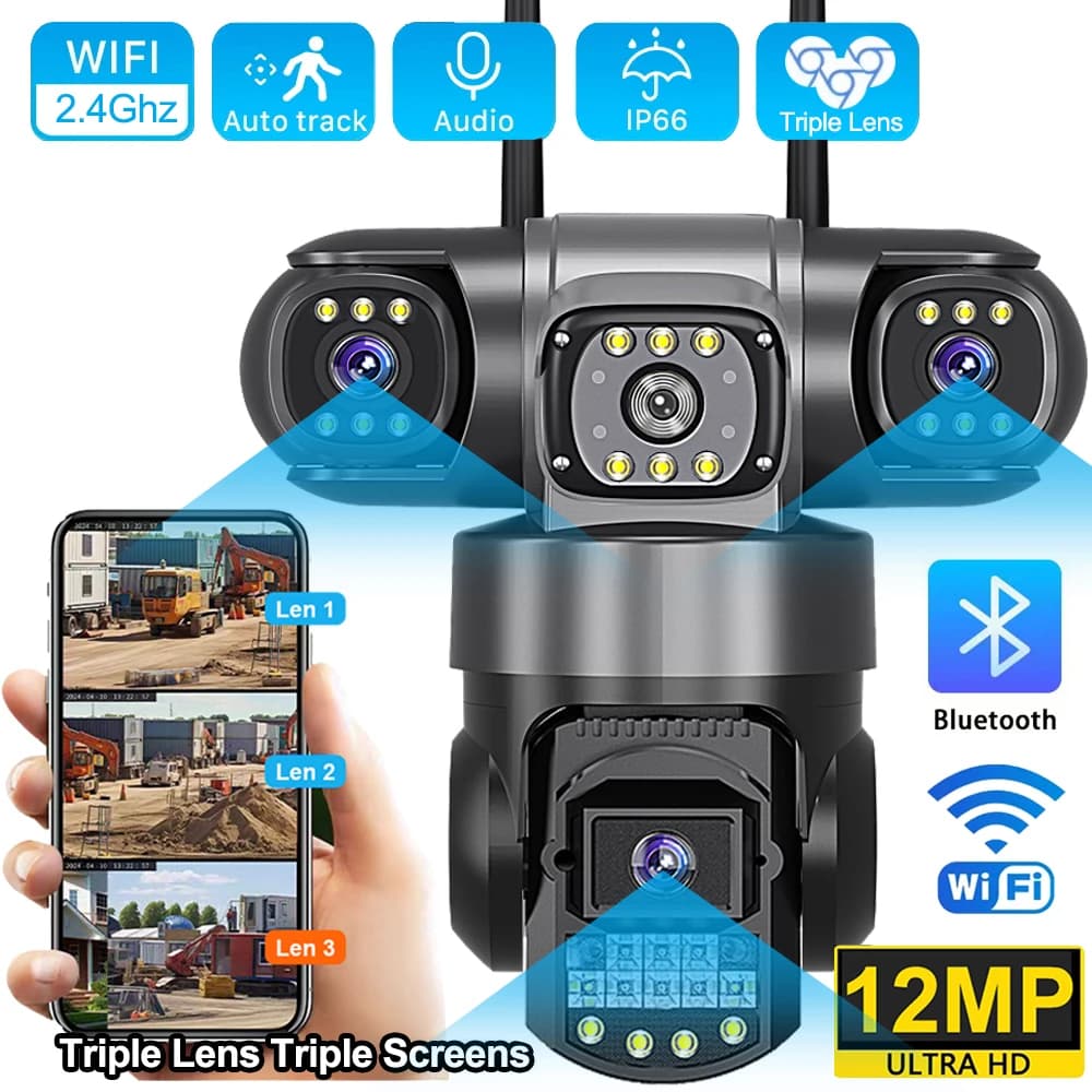 في 380 برو كاميرا IP واي فاي خارجية 12 ميجابكسل 6K عدسات ثلاثية شاشات ثلاثية مراقبة فيديو أمنية رؤية ليلية مقاومة للماء كاميرات CCTV