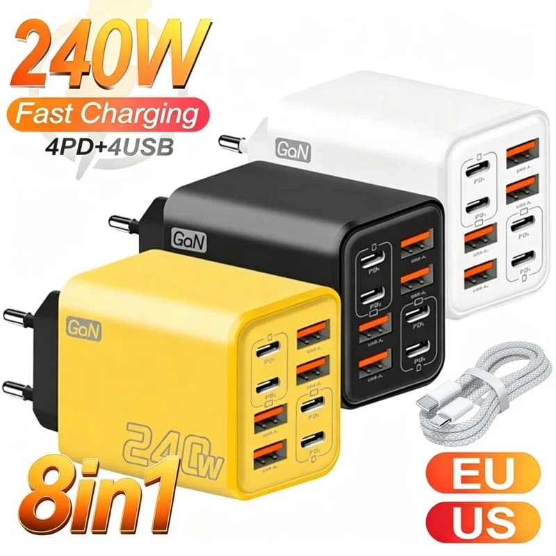شاحن مكتبي 8 في 1 GaN USB C بقوة 240 واط مع محول شحن سريع وكابل Type C لهواتف آيفون وسامسونج وشاومي مع قابس EU/US/UK