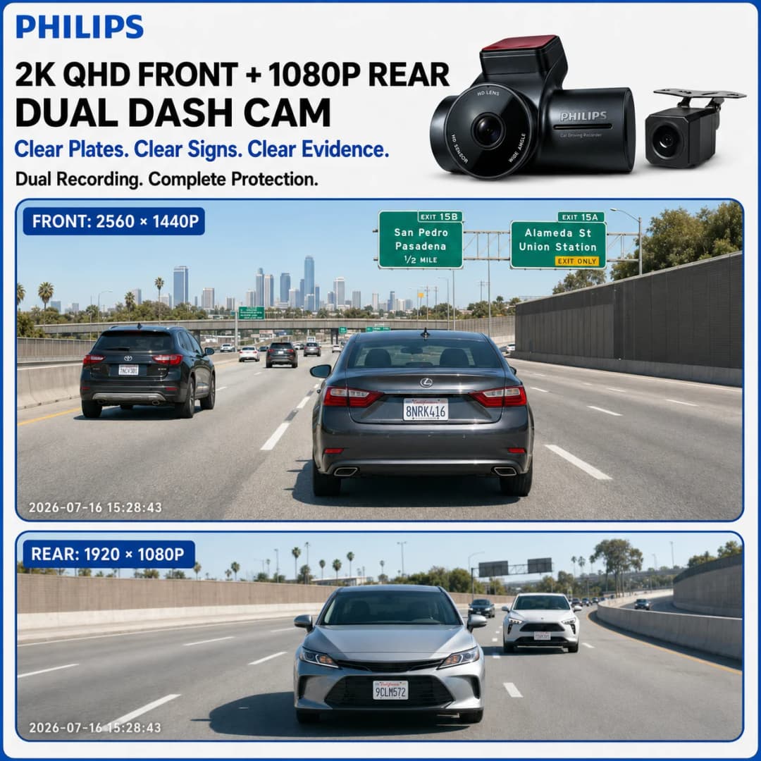 PHILIPS Dash Cam F03 2K QHD+1K Front and Rear Dual Camera 3.16 Inch IPS Screen 2.4GHz & 5GHz WiFi 24H Parking Monitor Car DVR - 2