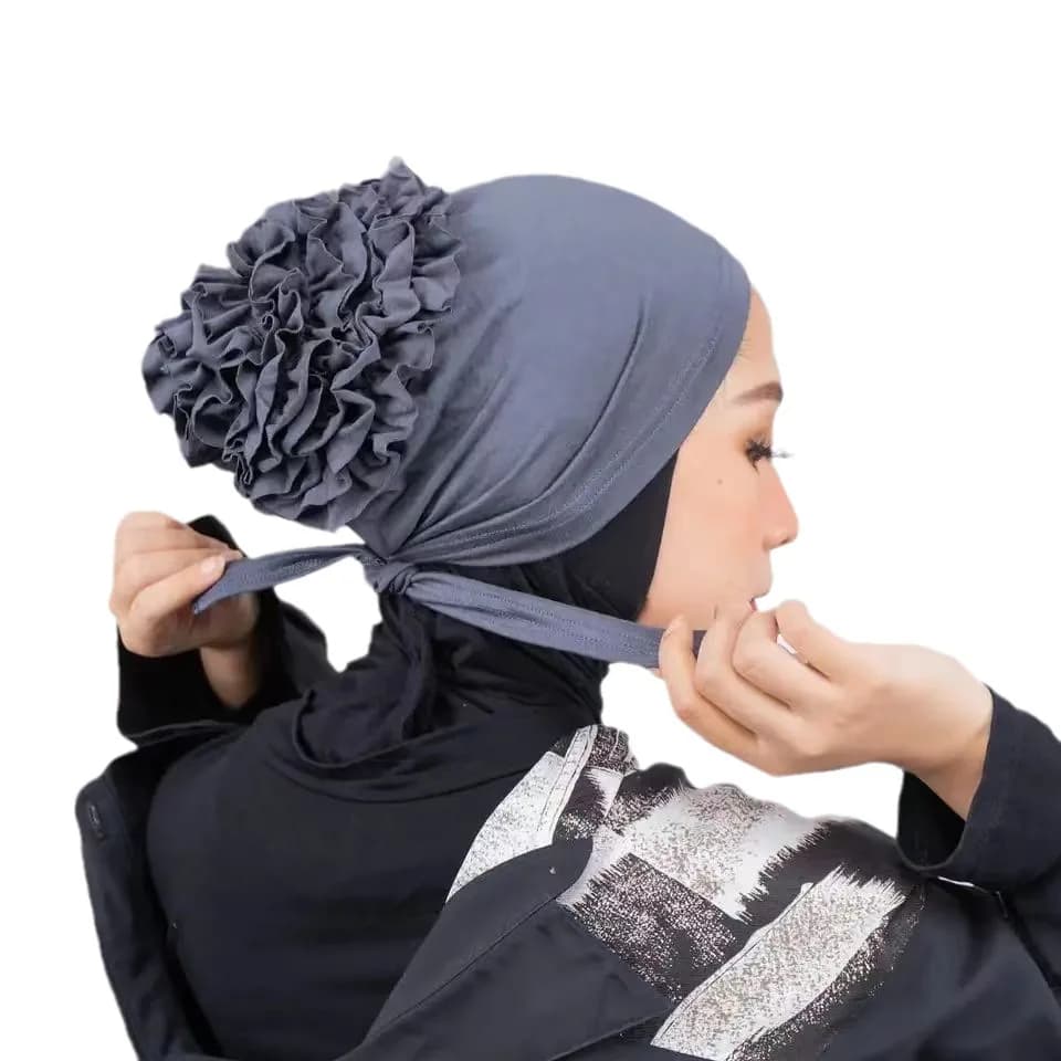 حجاب نسائي أنيق لون صلب حجاب عمامة كابس شيفون زهرة ديكور غطاء الرأس الإسلامي التفاف الرأس وشاح الرأس كاب