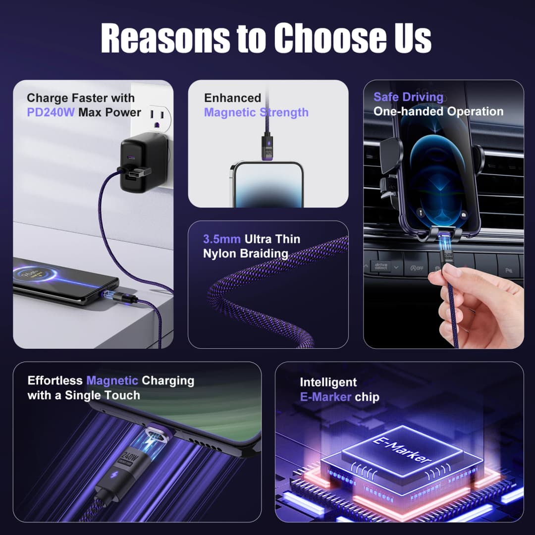 شاحن سريع مغناطيسي PD 240 واط من USB C إلى Type C وMicro USB لهواتف سامسونج S24 وS23 وS22 ألترا/شاومي 14 برو/آيفون 15 برو ماكس/ماك بوك اير - 5