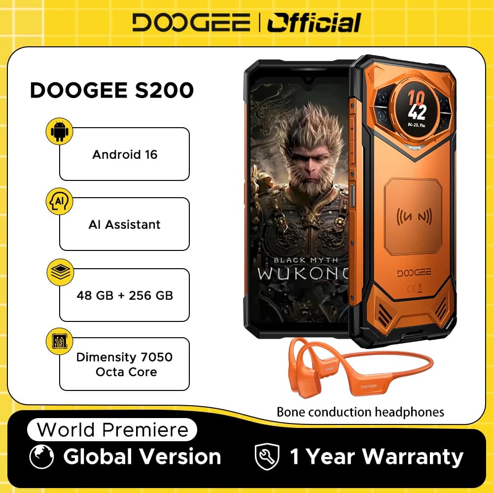 نسخة عالمية DOOGEE S200 هاتف متين 5G بنظام أندرويد 16، ذاكرة 48 جيجابايت، تخزين 256 جيجابايت، شاشة 6.72 بوصة بمعدل تحديث 120 هرتز، كاميرا 100 ميجابكسل، بطارية 10100 مللي أمبير، مساعد ذكاء اصطناعي