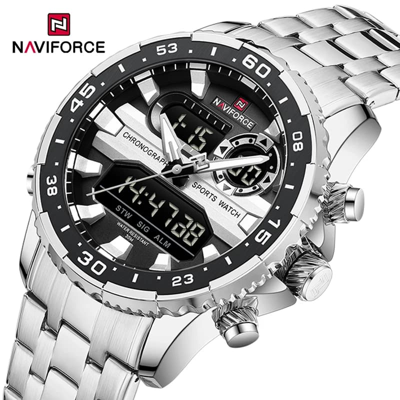 ساعات رجالية من NAVIFORCE ماركة أصلية شاشة LCD تناظرية رقمية ساعة كوارتز مقاومة للماء حتى 30 متر ساعة يد مضيئة للرجال