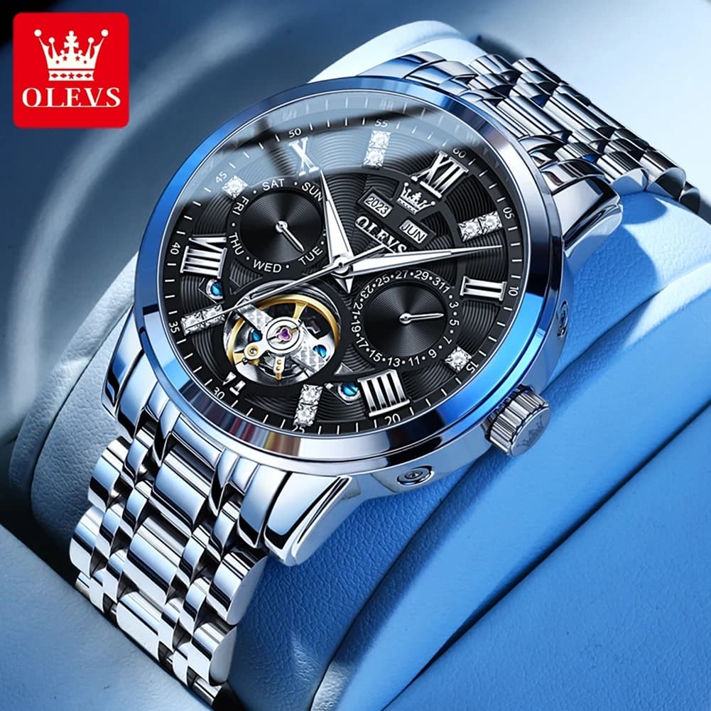 OLEVS Men's Watches Skeketon Flywheel Automatic Mechanical Original Wristwatch for Man Waterproof Luminous Perpetual Calendar - 3