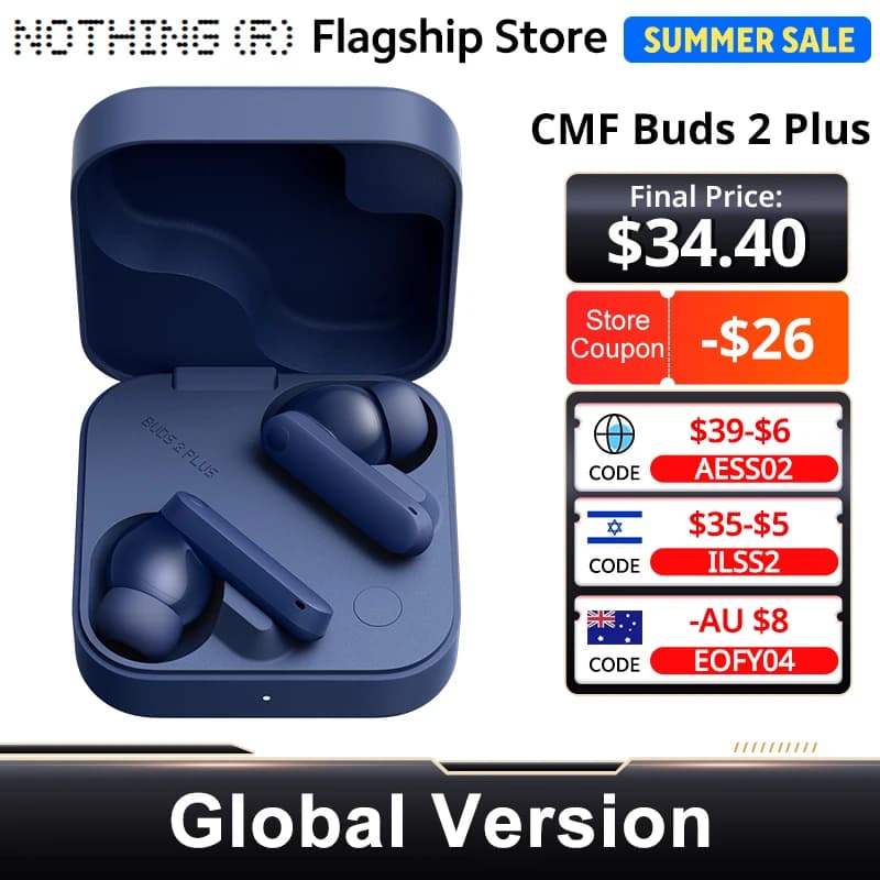 سماعات أذن Nothing CMF Buds 2 Plus الإصدار العالمي، إلغاء ضوضاء هجين 50dB، بطارية طويلة الأمد، صوت عالي الدقة، مقاومة للماء والغبار IP55، متوافقة مع Bluetooth