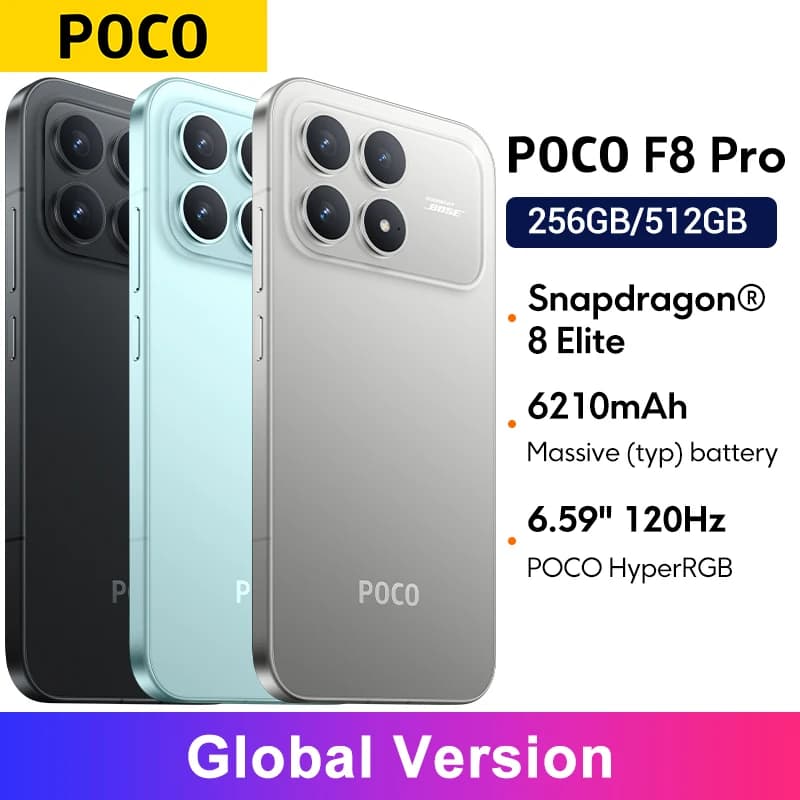 هاتف POCO F8 برو 5G نسخة عالمية 6.59 بوصة 120 هرتز شاشة POCO HyperRGB AMOLED بدقة 50 ميجابكسل وبطارية 6210 مللي أمبير مع معالج Snapdragon® 8 Elite