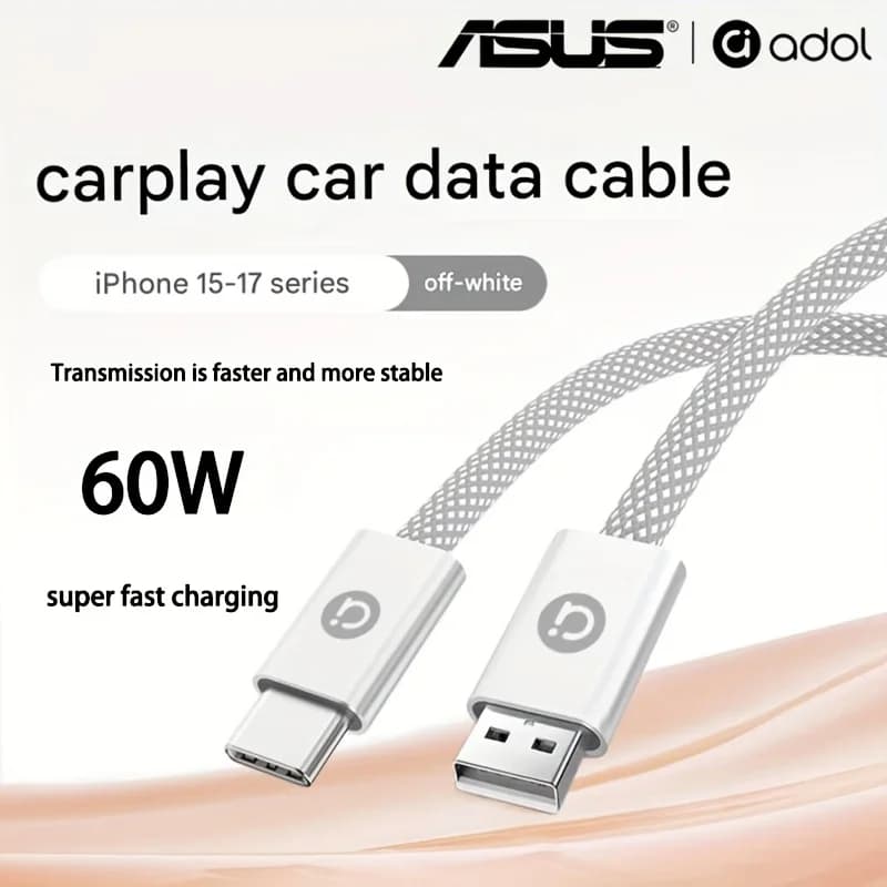 كابل شحن سريع ASUS 60W USB إلى Type C لهاتف Iphone 17 Pro Max 16 Plus 15 سامسونج شاومي كاربلاي شحن خط بيانات