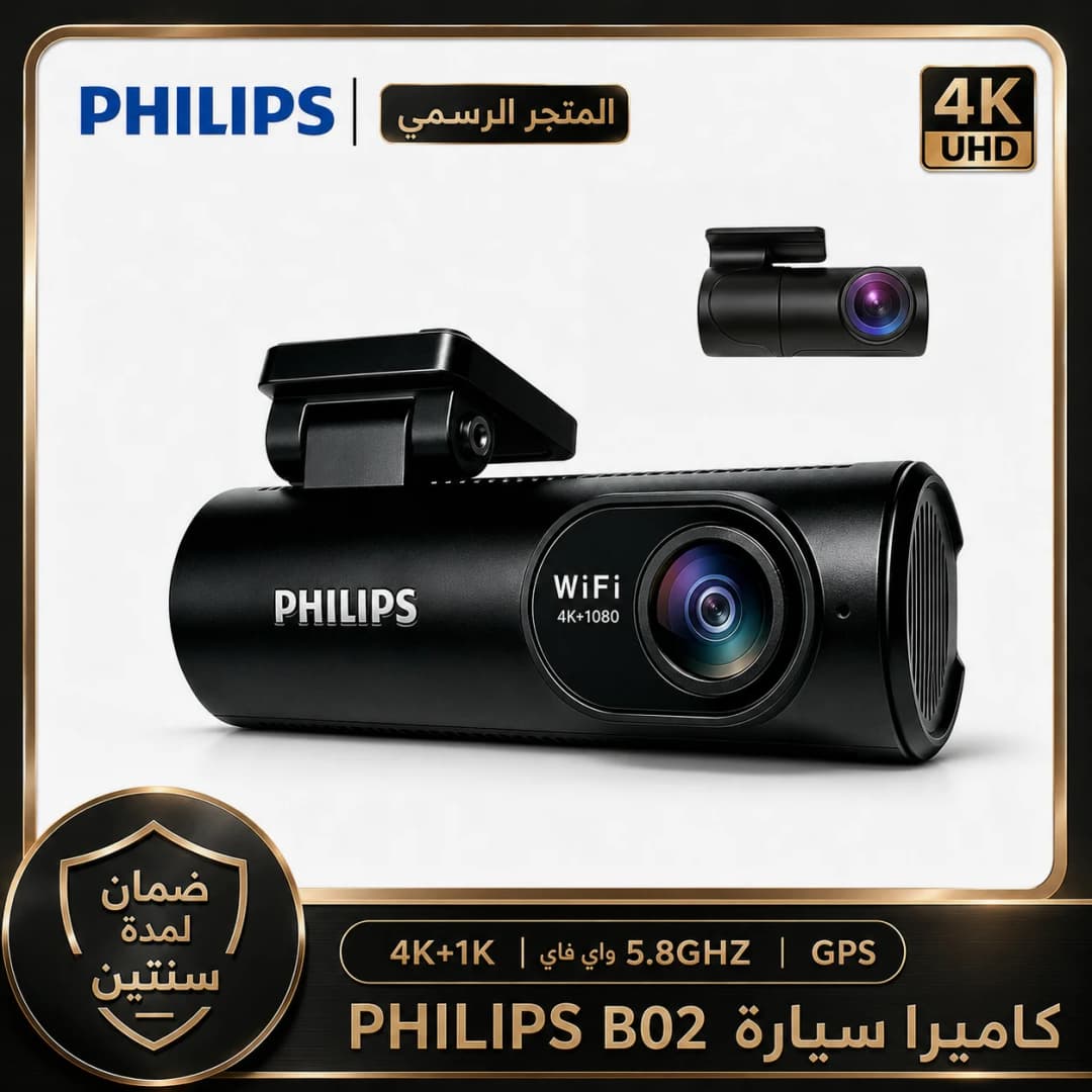 كاميرا سيارة PHILIPS Dash Cam B02 بدقة 4K+1K HDR مزدوجة أمامية وخلفية واي فاي 2.4GHz و5GHz GPS مراقبة الوقوف 24 ساعة تحكم عبر التطبيق