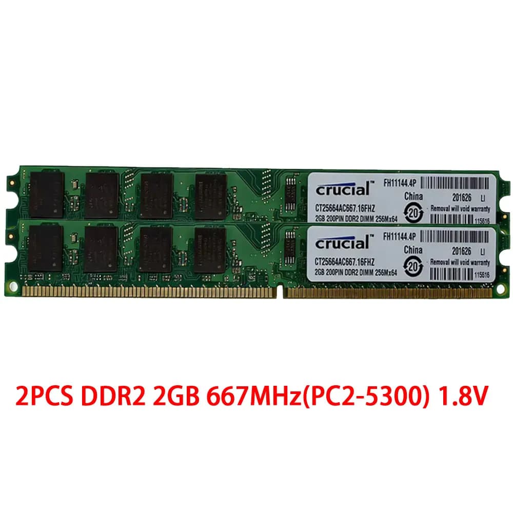 ذاكرة رام Crucial DDR2 لسطح المكتب 2 جيجابايت 4 جيجابايت (2x2 جيجابايت) 667 ميجاهرتز 800 ميجاهرتز DIMM PC2-6400 PC2-5300 1.8 فولت غير ECC غير مخزنة - 3