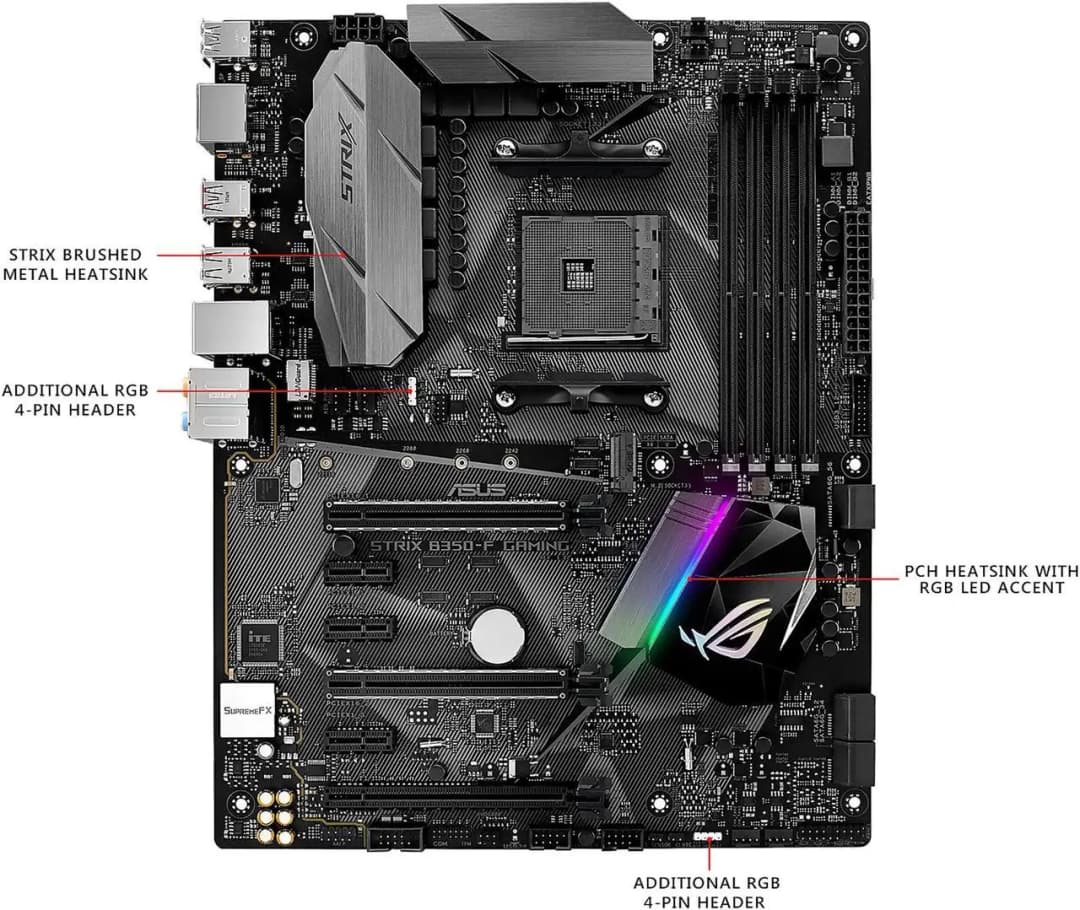 لوحة أم لألعاب ASUS ROG STRIX B350-F مع معالج AMD B350 وذاكرة DDR4 بسعة 64 جيجابايت وسرعة 3200 ميجاهرتز، تدعم معالجات 5600 و2600 و2700 و3500 و5700 و3900 و1700، مع منفذ M.2 وحجم ATX - 4