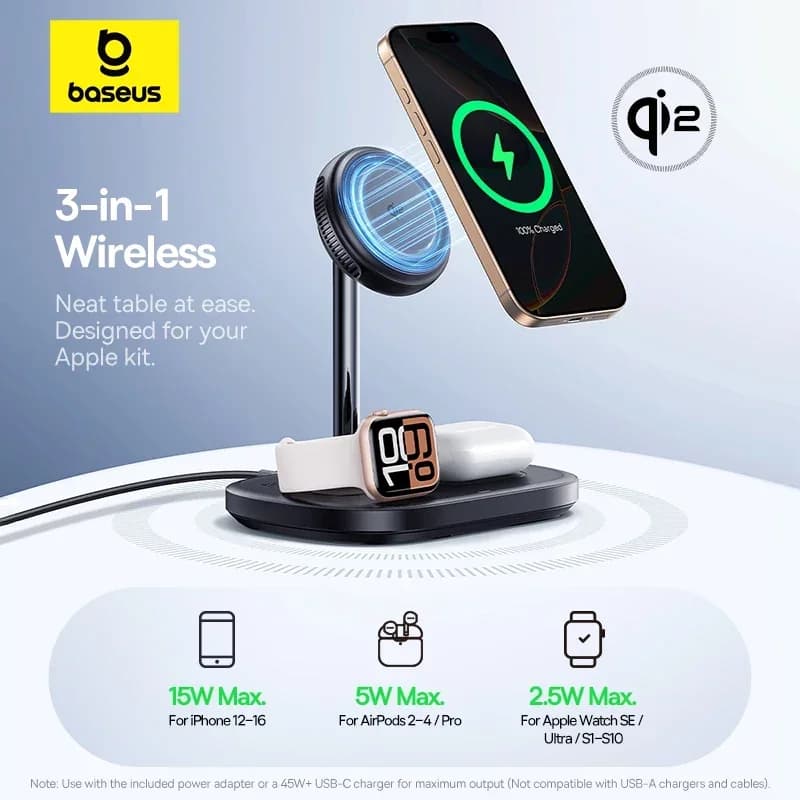 حامل شاحن لاسلكي من Baseus بقوة 22.5 واط 3 في 1، شحن سريع مغناطيسي Qi2 15 واط مع تبريد TEC لهواتف آيفون 16 و15 و14 وAirPods وساعة أبل - 2