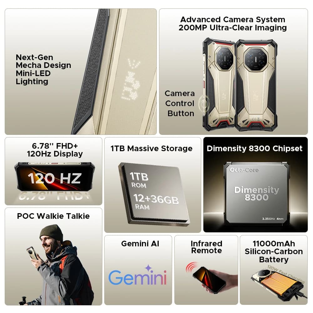 هاتف DOOGEE S300 Plus المتين 5G أندرويد 16 Gemini AI مصفوفة عرض إضاءة LED 12 جيجابايت 1 تيرابايت بطارية 11000 مللي أمبير في الساعة 120 واط شاشة 6.78 بوصة هاتف ذكي - 2
