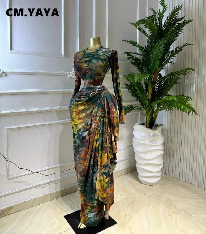 CM.YAYA Women Print O-neck Ruched Ribbon Bodycon Long Dress 2026 Spring Street Evening Birthday Club Party Vestidos Sexy Dresses - 3