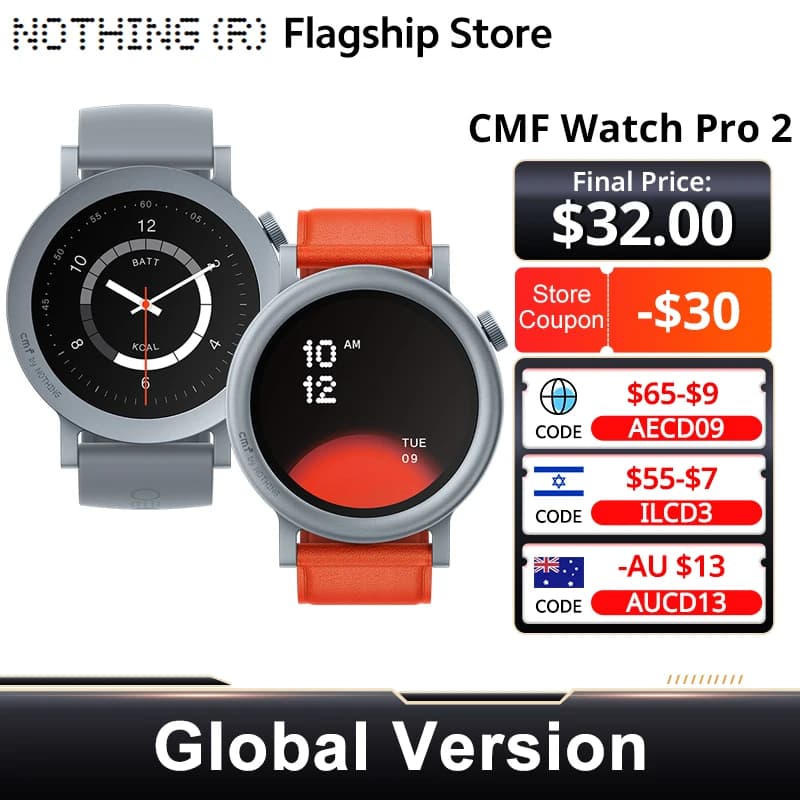 ساعة CMF من Nothing الإصدار العالمي Pro 2، مكالمات بلوتوث، شاشة 1.32 بوصة AMOLED، 60 إطار في الثانية، بطارية تدوم 11 يوم، مراقبة GPS وSpO₂