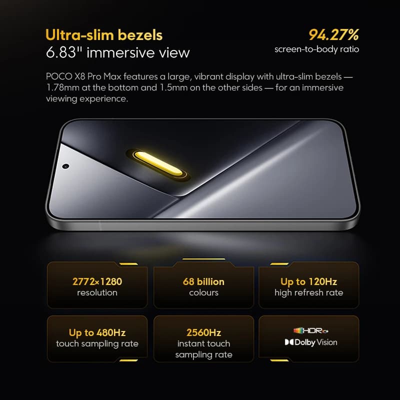 هواتف محمولة إصدار عالمي Xiaomi POCO X8 Pro Max ببطارية 8500 مللي أمبير في الساعة وشاشة 6.83 بوصة بدقة 1.5K ومعدل تحديث 120 هرتز وشاشة AMOLED فائقة السطوع وشريحة Dimensity 9500s - 3