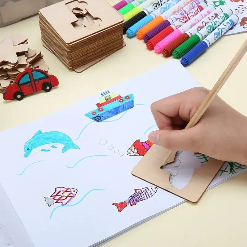 20 قطعة ألعاب رسم للأطفال من مونتيسوري قالب استنسل خشبي دهان داي ألعاب حرفية ألغاز ألعاب تعليمية للأطفال هدايا - 5
