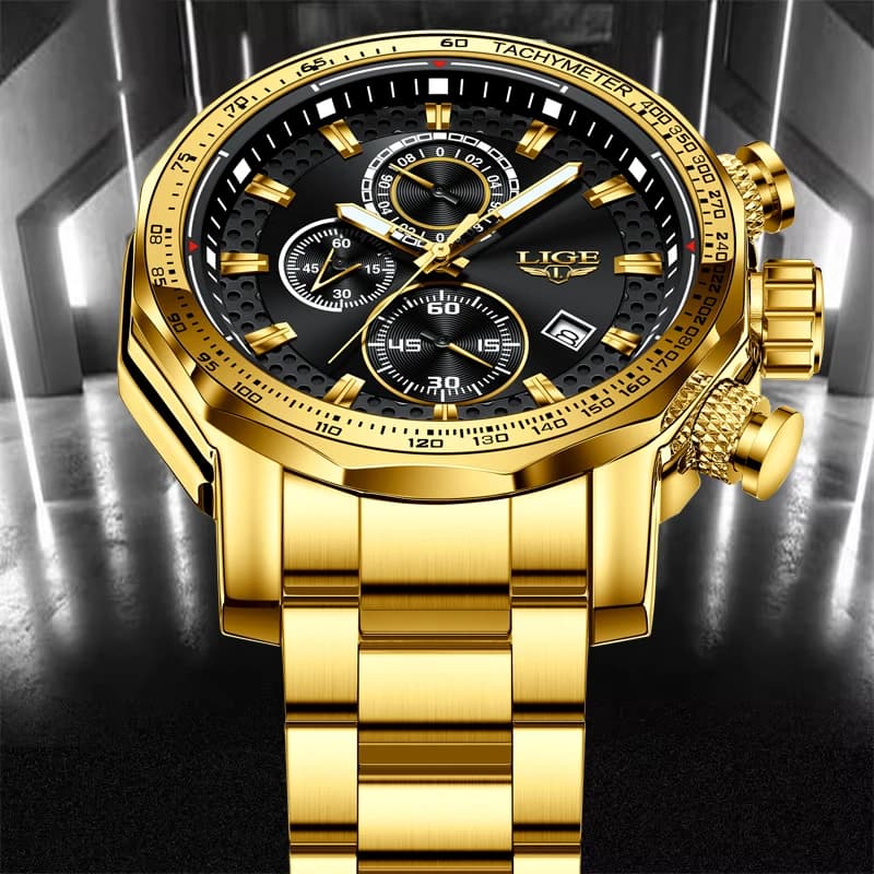 LIGE New Gold Quartz Watches For Men Military Sport Waterproof Big Dial Watch Men Fashion Business Date Chronograph Montre Homme - 6
