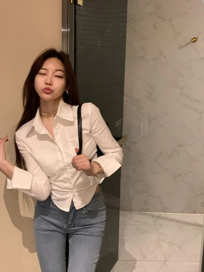 White Short Sleeveless Women's Shirt Slim Fit Long Sleeve  Neck Pure Color Commute Style Office Front Desk Work Uniform - 4