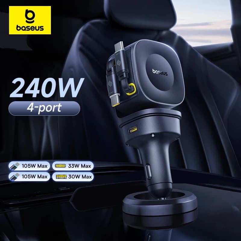 شاحن سيارة Baseus بقوة 240W مع 4 منافذ وكابل قابل للسحب وشحن سريع USB Type-C لجهاز Samsung و iPhone و Xiaomi