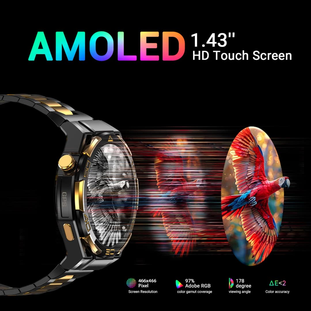 ساعة بلاك فيو W90 برو الذكية الجديدة المزودة بنظام GPS وشاشة AMOLED عالية الدقة 1.43 بوصة، بطارية 900 مللي أمبير/20 يومًا في وضع الاستعداد، ساعة رياضية مقاومة للماء مع بلوتوث للرجال - 3