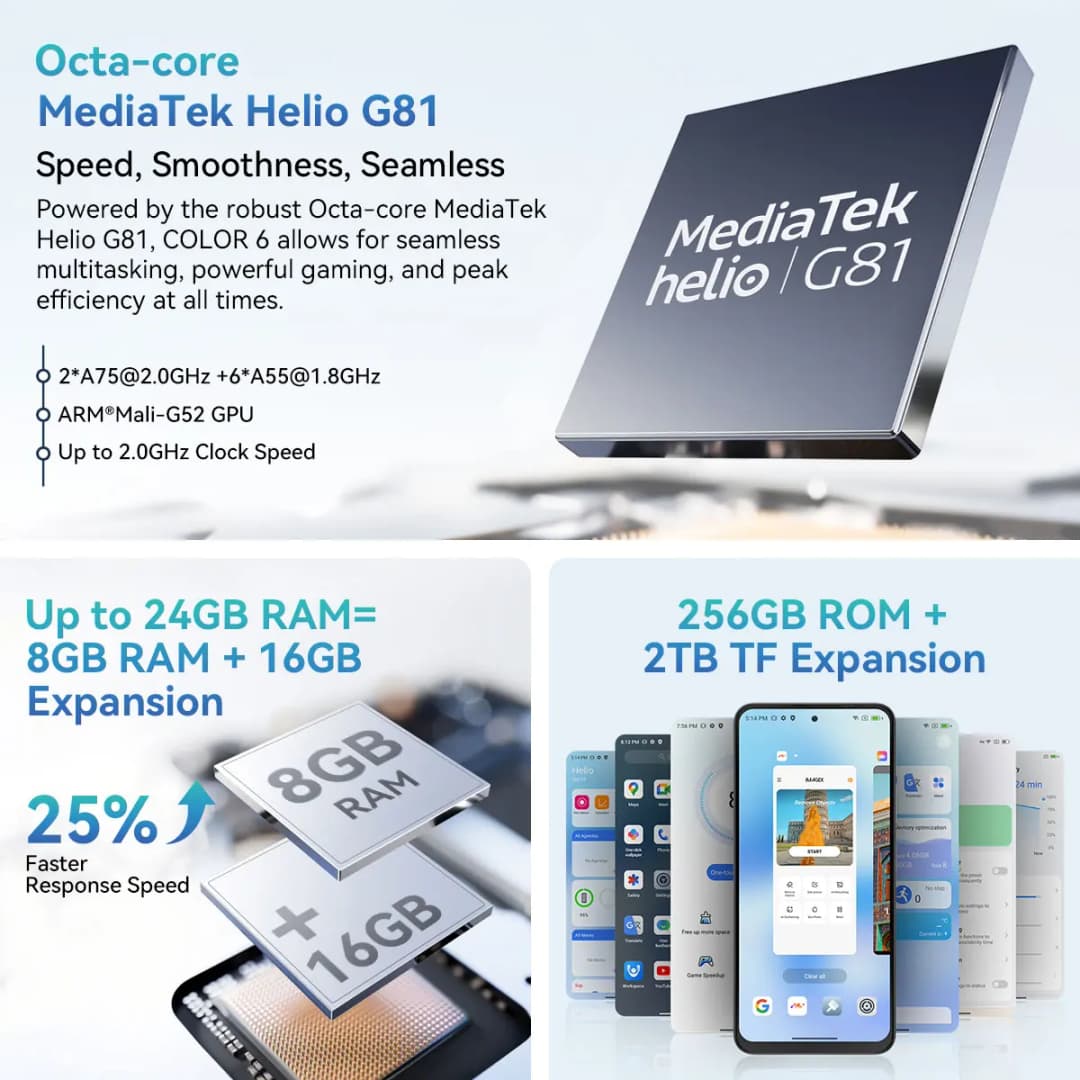 هاتف بلاك فيو كولور 6 الذكي بشاشة 6.67 بوصة، معالج MTK G81، ذاكرة وصول عشوائي 8 جيجابايت، ذاكرة داخلية 128 جيجابايت/256 جيجابايت، كاميرا 50 ميجابكسل، بطارية 5000 مللي أمبير، أندرويد 15 - 2