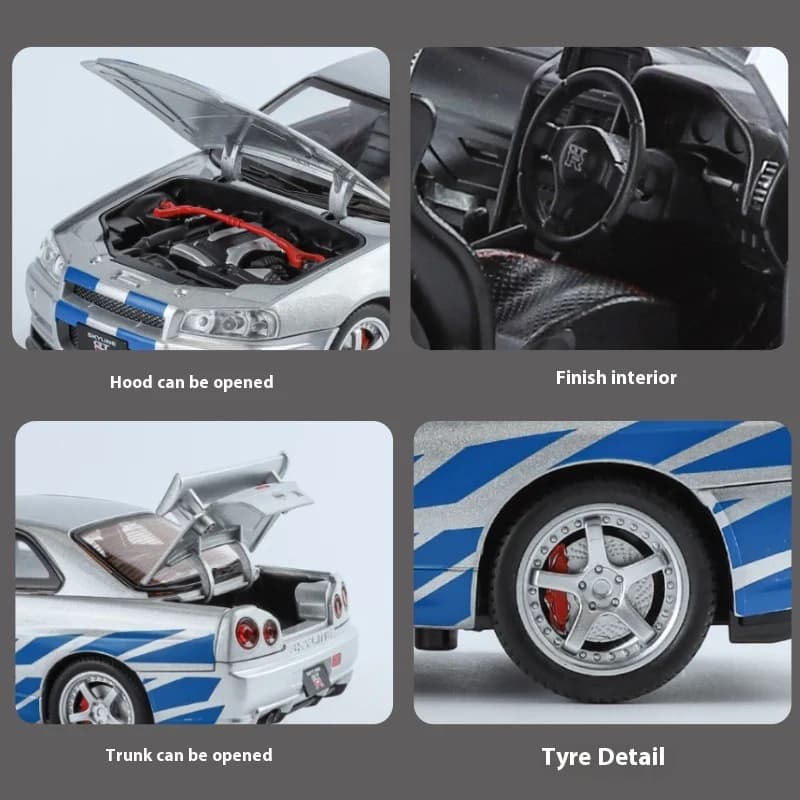 سيارة سكاي لاين R34 رياضية، مقياس 1:24، سبيكة معدنية، مع أصوات وأضواء، لعبة للأطفال - 6
