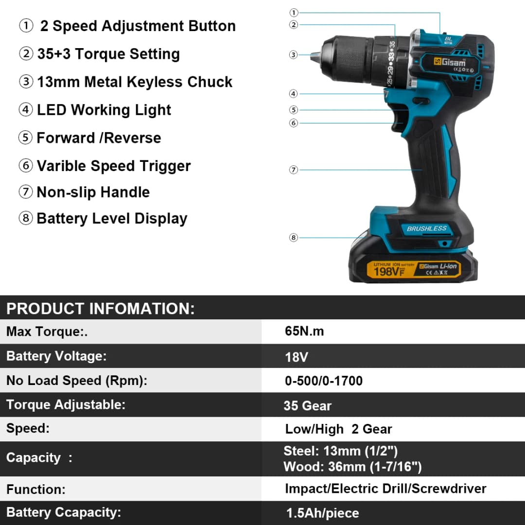 Gisam 65N.m 13MM 35+3 Torque Brushless Electric Impact Drill Cordless Electric Screwdriver Power Tool For Makita 18V Battery Pin - 4