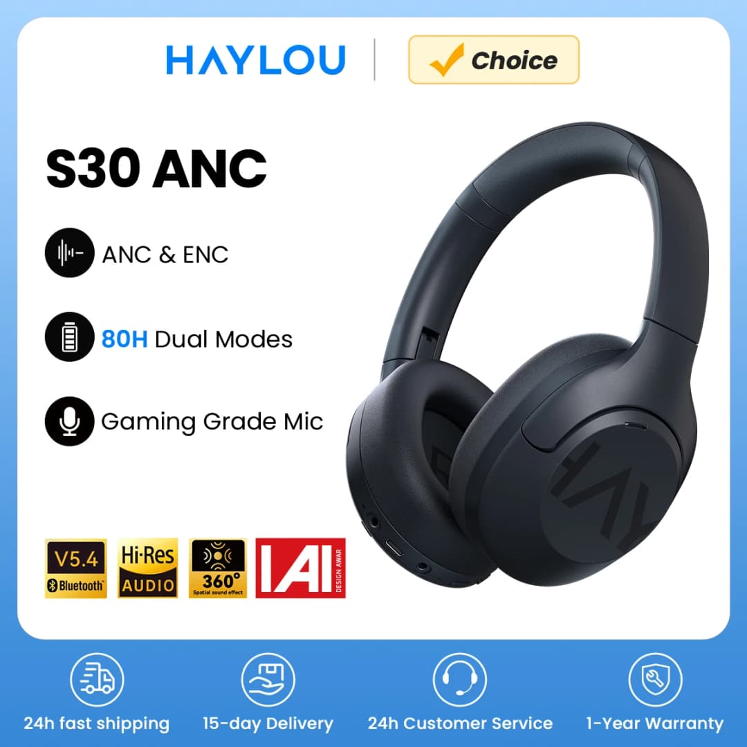 سماعات رأس HAYLOU S30 بلوتوث لاسلكي 5.4 إلغاء ضوضاء تكيّفي 43dB مشغّل 40 مم سماعات أذن بوقت تشغيل 80 ساعة