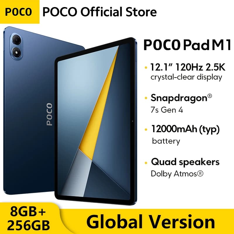 جهاز POCO PAD M1 - الإصدار العالمي، معالج Snapdragon 7s Gen 4، شاشة 12.1 بوصة بمعدل تحديث 120 هرتز ودقة 2.5K، بطارية 12000 مللي أمبير، شحن سريع 33 واط