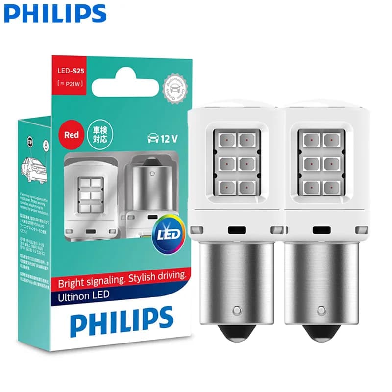 مصابيح إشارة انعطاف LED من فيليبس، P21W، S25، BA15s، لون أحمر، مصابيح خلفية، مصابيح توقف فرامل، 11498ULRX2، زوج