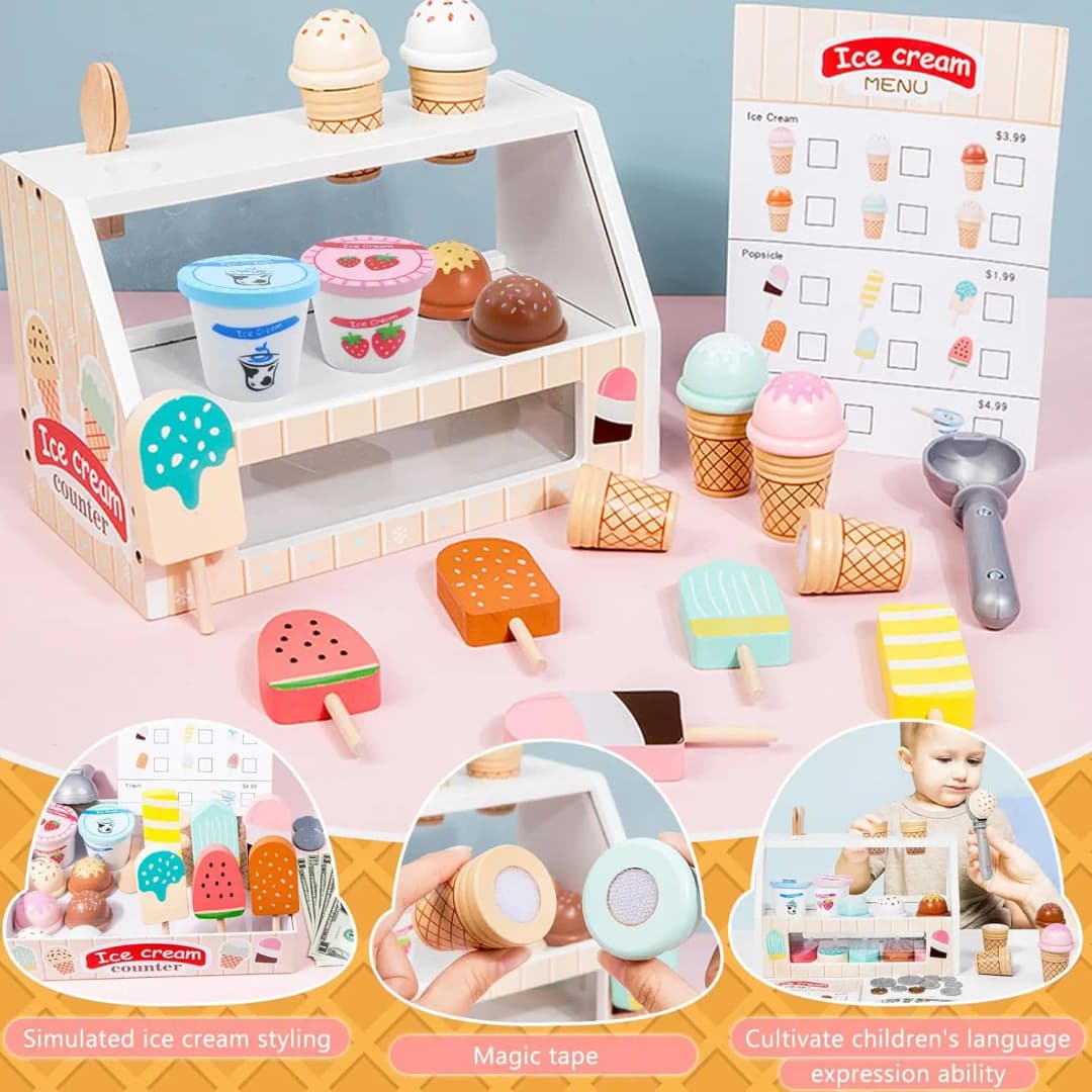 Ice Cream Counter Playset For Kids Montessori Pretend Play Food Toys Kitchen Accessories With Coin Role Play For Kids Girls Boys - 3