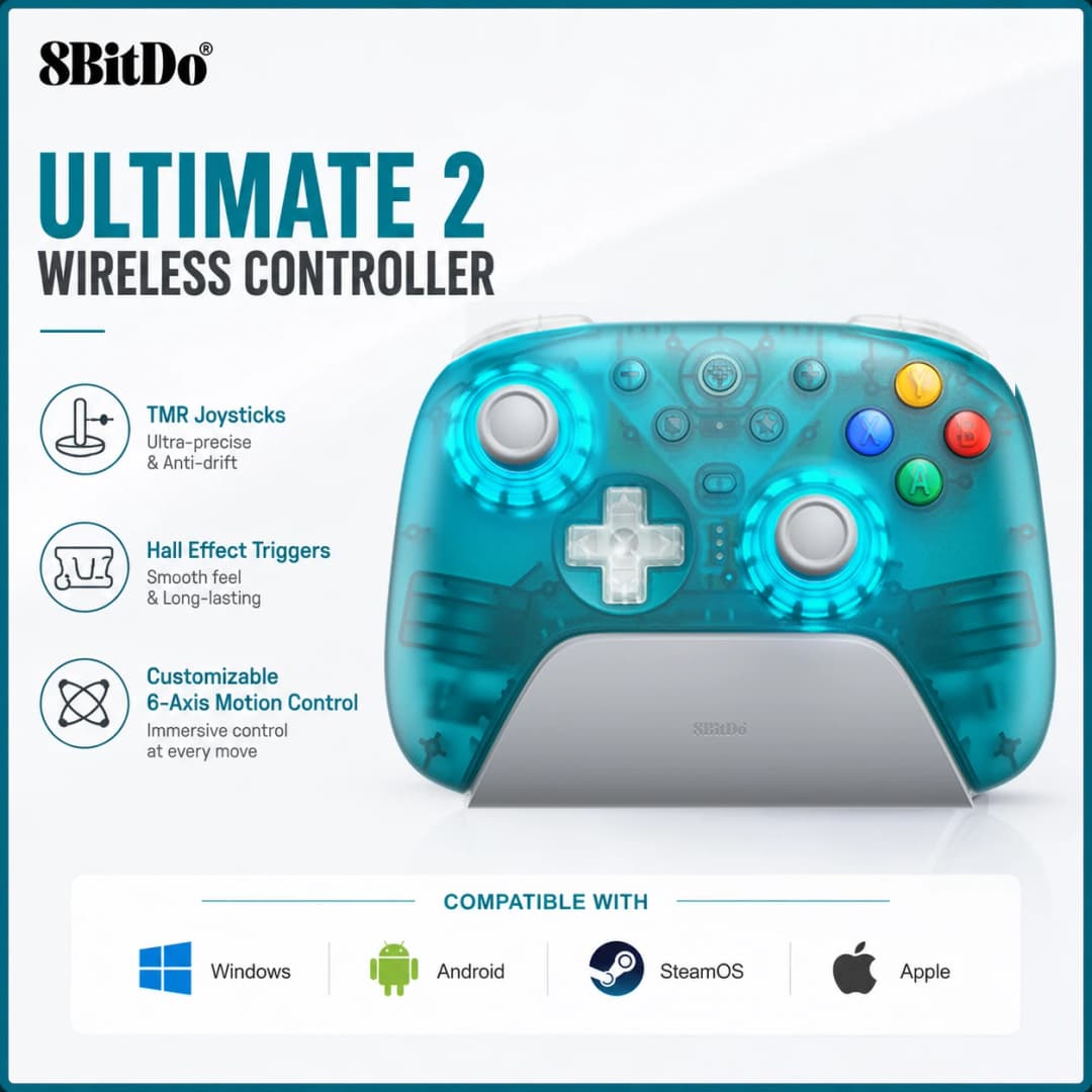 وحدة تحكم الألعاب اللاسلكية 8BitDo Ultimate 2 لنظام التشغيل Windows 10/11، ذراع تحكم TMR 2.4G مع قاعدة شحن لأجهزة Android وPC وSteam