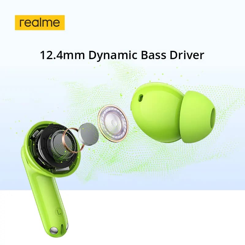 سماعات realme Buds T200 TWS، إلغاء ضوضاء نشط 32dB، مشغل باس ديناميكي 12.4 ملم، بلوتوث 5.4، مقاومة للماء IP55، شهادة Hi-Res - 3