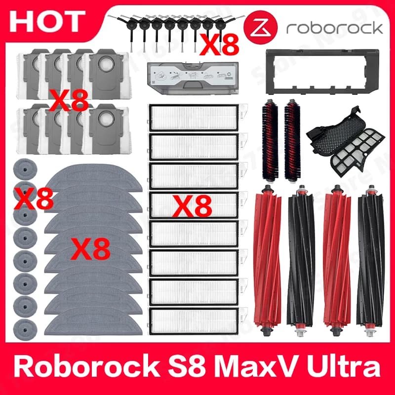 إكسسوارات مكنسة كهربائية روبوتية Roborock S8 MaxV Ultra، قطعة قماش للمسح، أكياس مكنسة، فرشاة جانبية، مرشح، قطع غيار قابلة للاستبدال