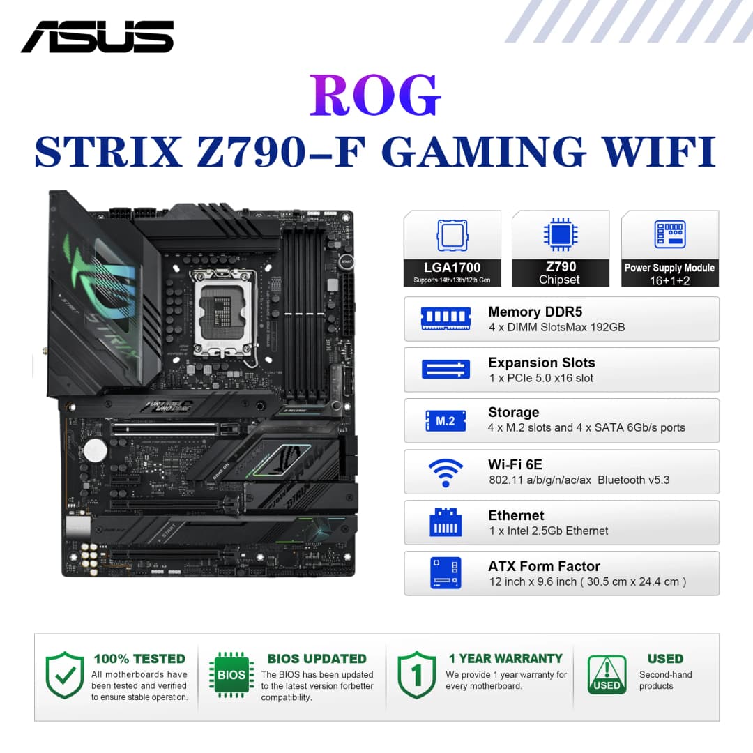 لوحة أم ASUS ROG STRIX Z790-F GAMING WIFI مقبس LGA1700 معالج DDR5 7800+(OC) MHz ذاكرة مجموعة شرائح Z790 لوحة رئيسية ATX